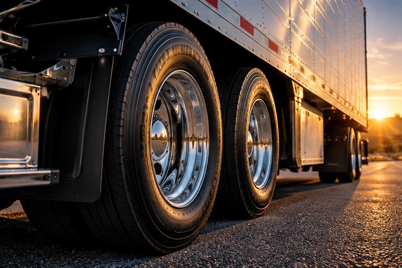 Close view of commercial trailer wheels and equipment