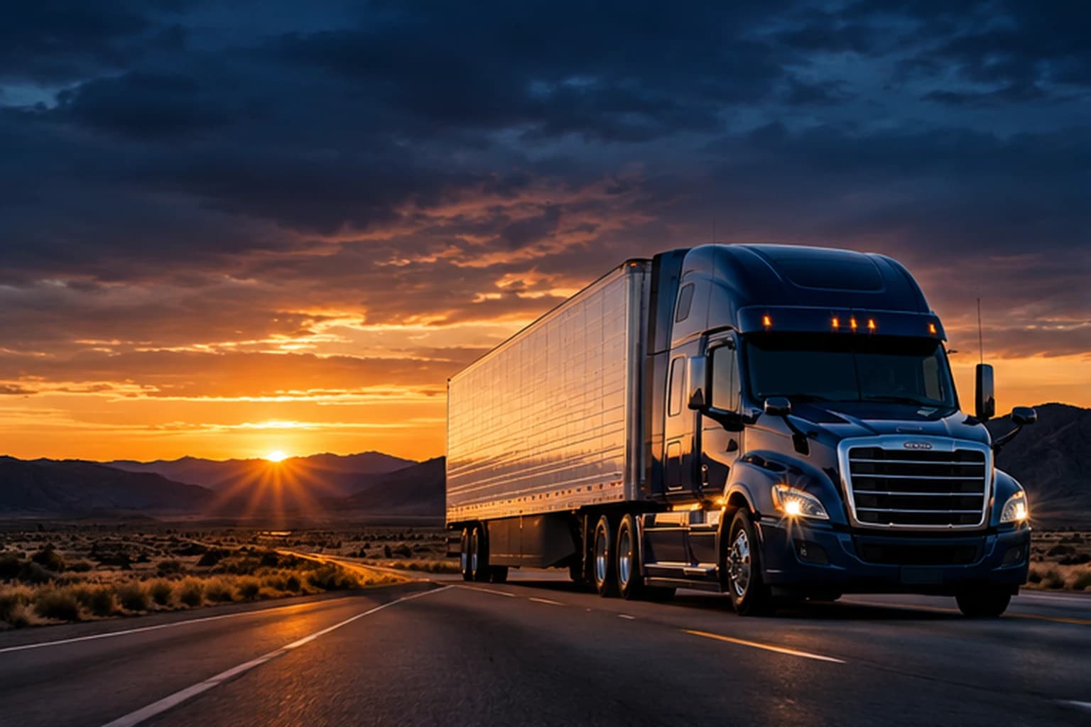 Class 8 tractor-trailer traveling along an open highway at sunset; conceptual commercial photography