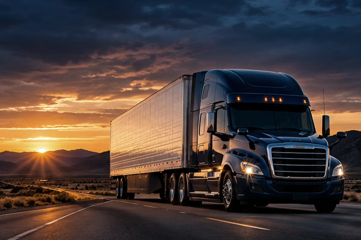 Semi-truck traveling on an evening highway